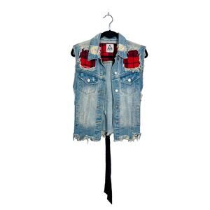 UNIF Distressed Denim Vest Plaid Grunge Y2K 2010s Indie Festival Lace Up Back